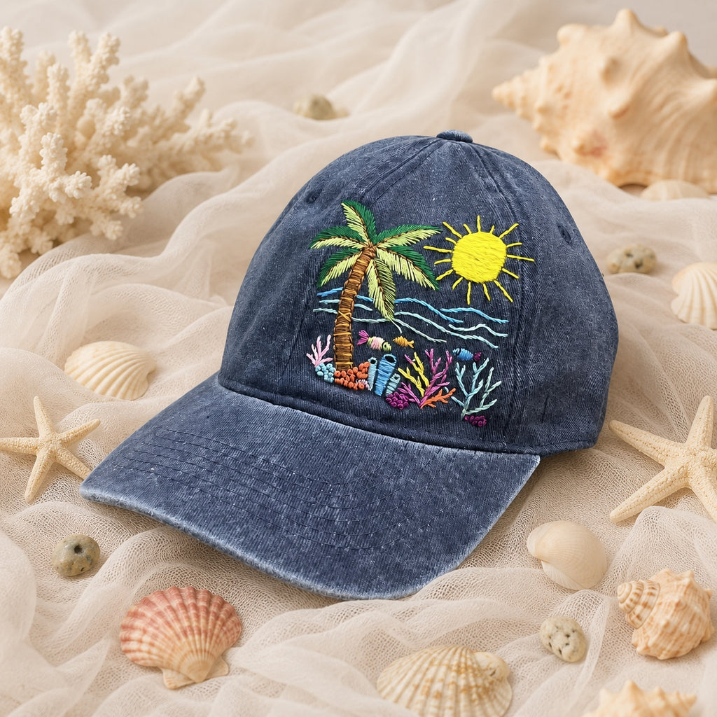 Custom Summer Beach Hand-Embroidered Baseball Cap, Embroidered Cap, Hand Embroidered Cap, Custom Hat Embroidery, Family Hat EMH06