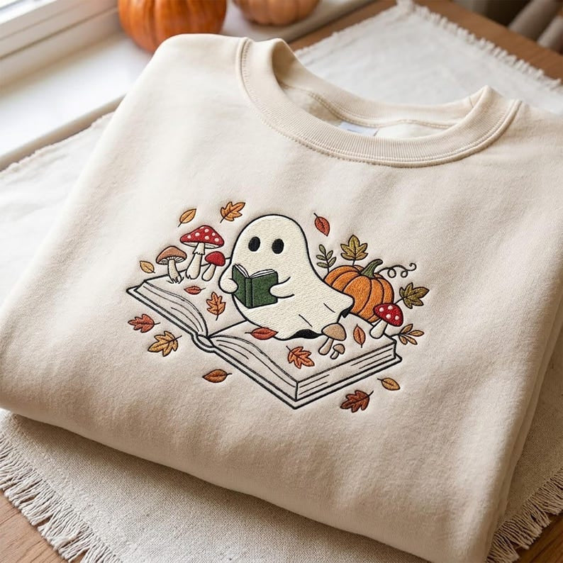 Embroidered Ghost On Book Shirt, Spooky Season Floral Mushroom Tee, Wildflowers Preppy Fall Shirt, Floral Ghost Shirt, Book Lover Gift HLNS06