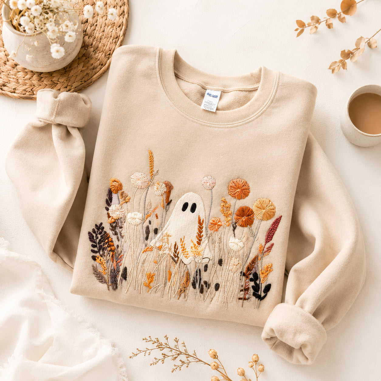 Embroidered Halloween Ghost Shirt, Spooky Wildflower Tee, Unisex Halloween Shirt, Funny Ghost Shirt HLEM06