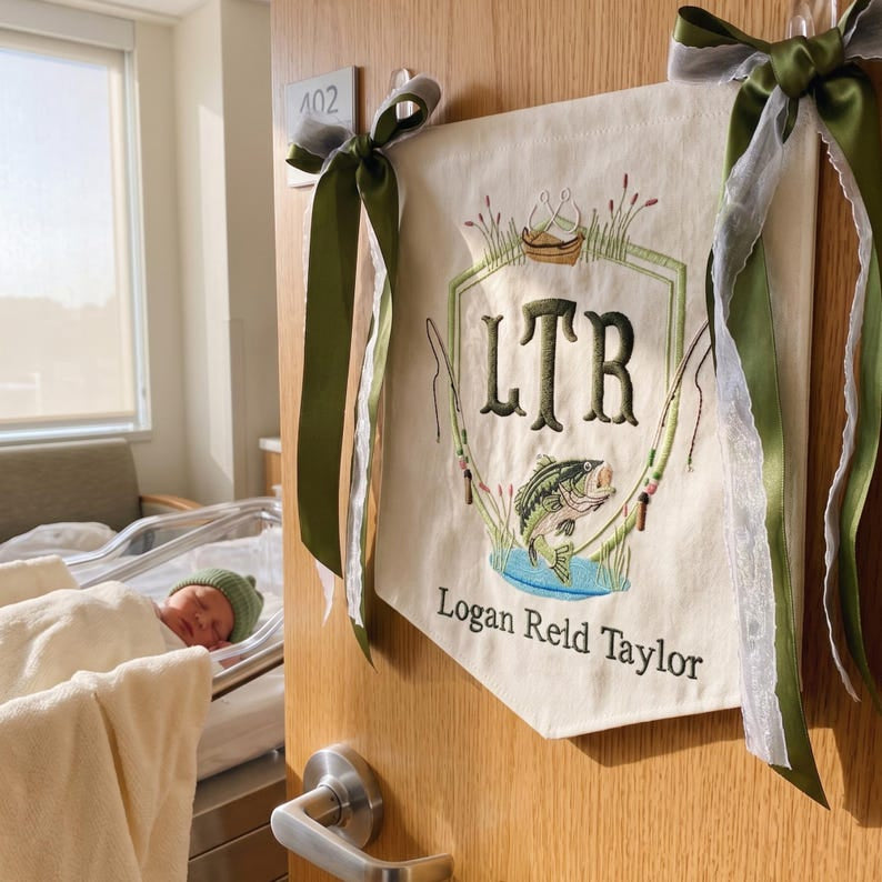 Personalized Fishing Baby Banner, Custom Bass Name Sign, Baby Boy Name Banner, Monogram Hospital Door Hanger, Fishing Baby Shower Gift BBFLAG06