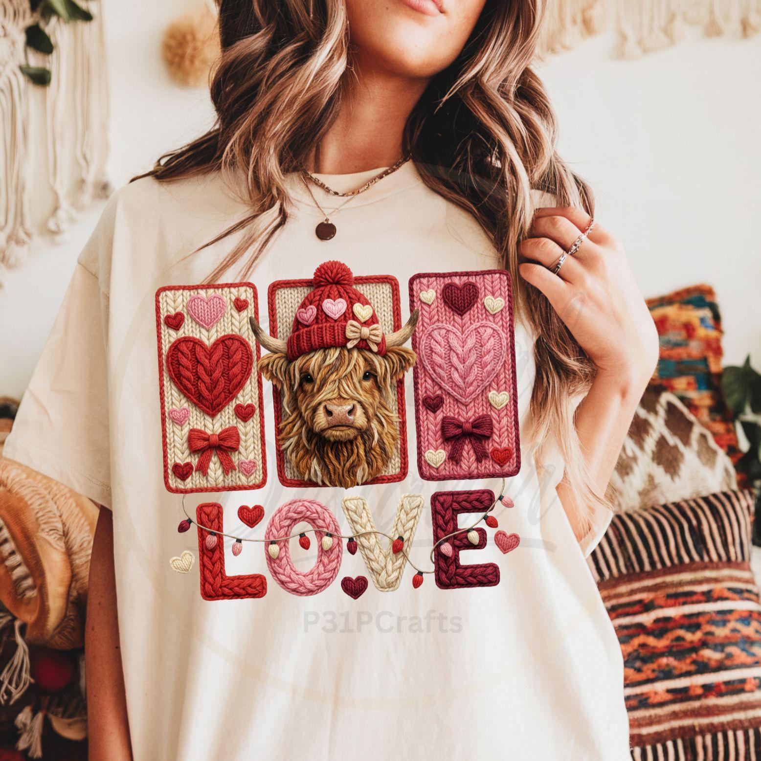 Highland Cow Knitted Embroidered Sweatshirt – Cozy Farm Animal Crewneck, Rustic Cottagecore Style