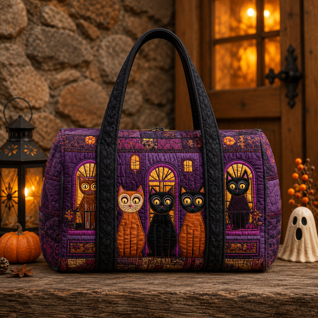 Halloween Cat Quilted Duffle Bag, Black Cat Witch Duffle Bag, Overnight Bag, Quilted Travel Bag, Quilted Weekend Bag, Custom Bag Gift DFB06