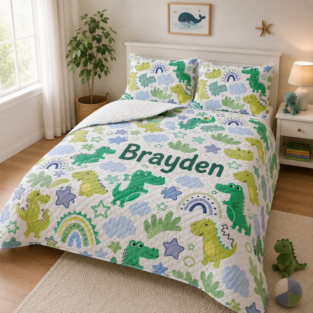 Dinosaur Quilted Bedding Set, Dinosaur Blanket, Custom Dino Quilt Set with Pillow Covers, Kids Bedroom Decor, Nursery Blanket QBEDSET04