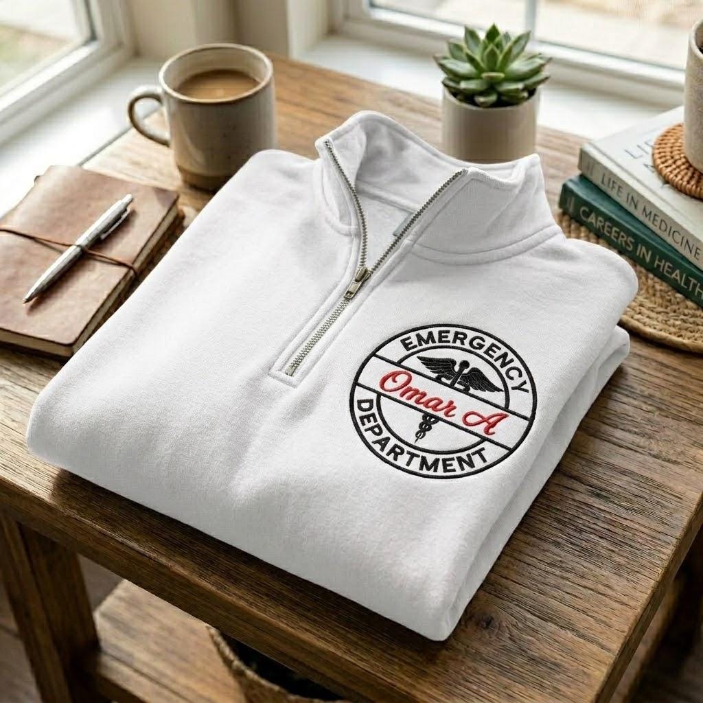 Custom ER Quarter Zip Sweatshirt, Embroidered Emergency Department Pullover, Healthcare Worker Gift, Nurse Doctor Apparel