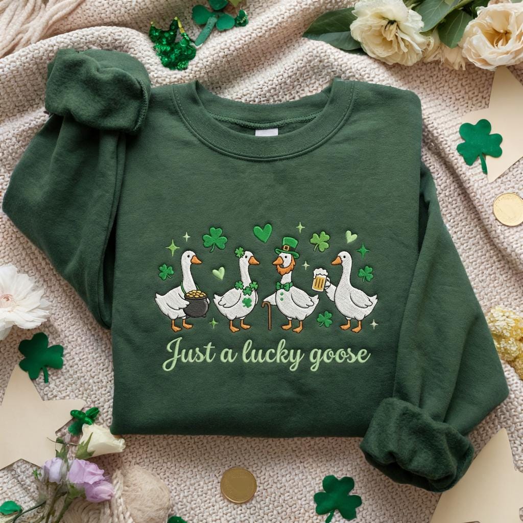 St. Patrick’s Goose Shirt – Irish Lucky Day Goose Embroidered Shirt, Just a Lucky Goose Tee, St. Patrick’s Day Gift