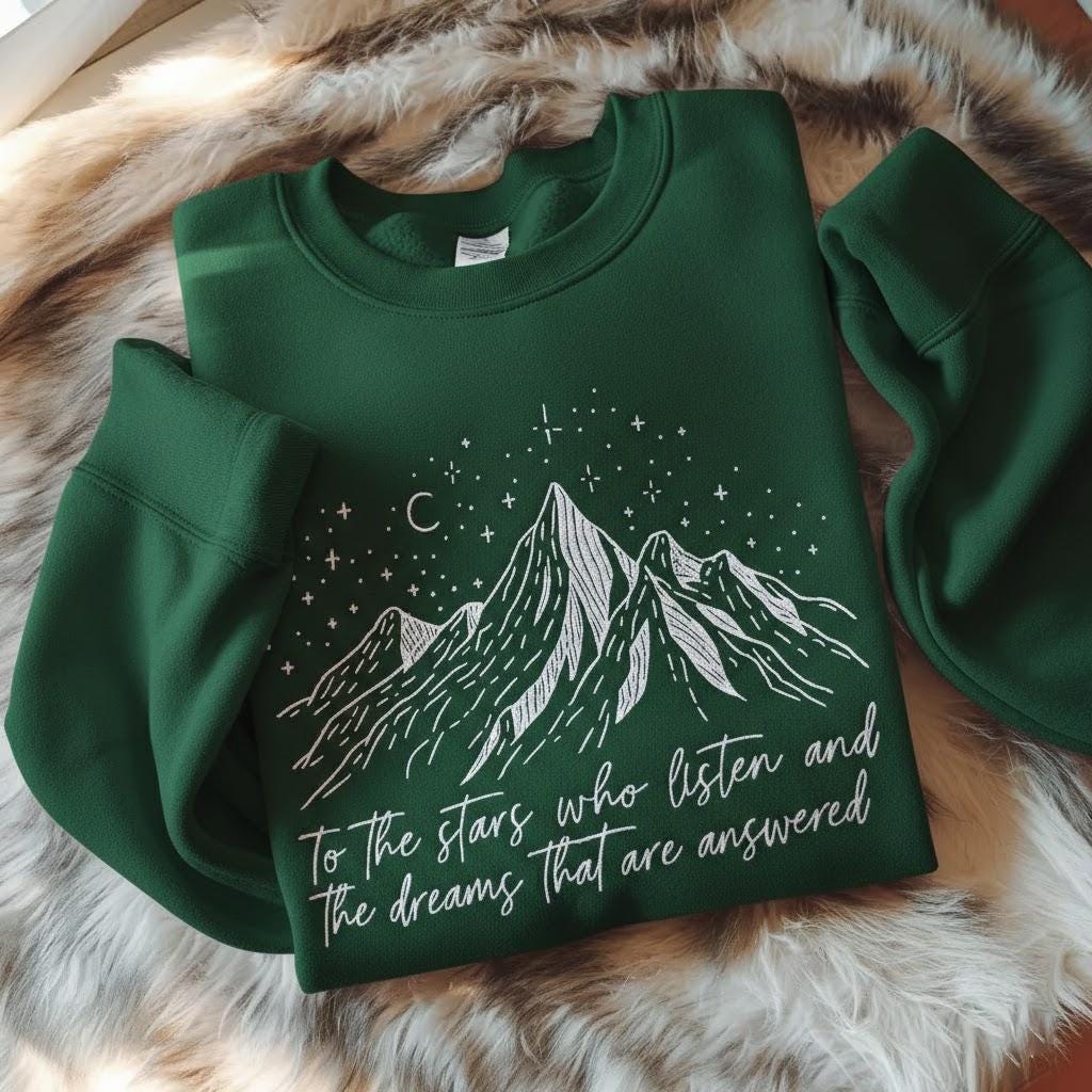 Embroidered To the Stars Who Listen Sweatshirt, ACOTAR Mountain Embroidery Sweater, Bookish Fantasy Pullover, Sarah J Maas Fan Gift