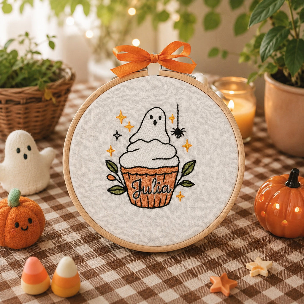 Personalized Halloween Ghost Cupcake Embroidery Hoop, Custom Name Fall Decor, Handmade Spooky Cute Nursery Wall Art, Halloween Embroidered Gift HOOP07