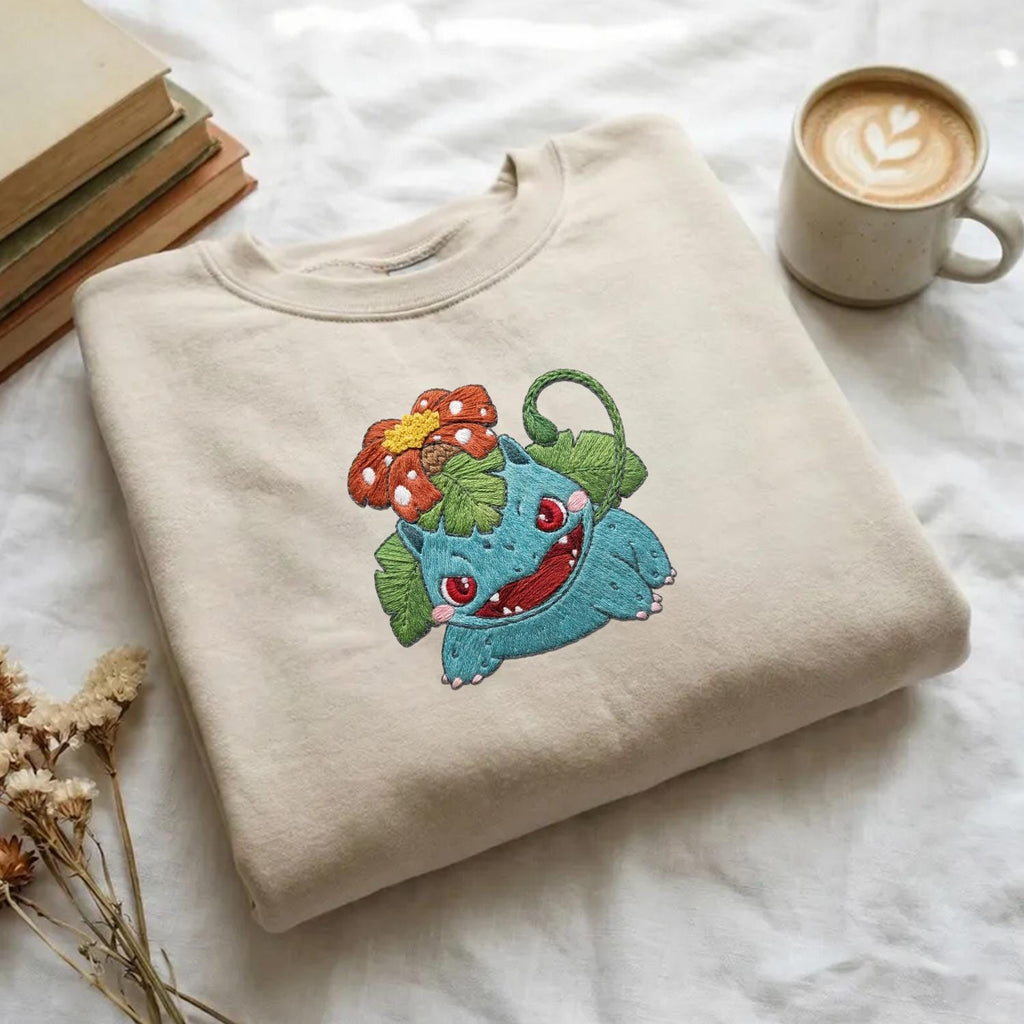 Venusaur PKM Embroidery Sweatshirt, Embroidered Anime Sweatshirt, Embroidered Anime Shirt, Anime Lover Sweatshirt, Mothers Day Gift