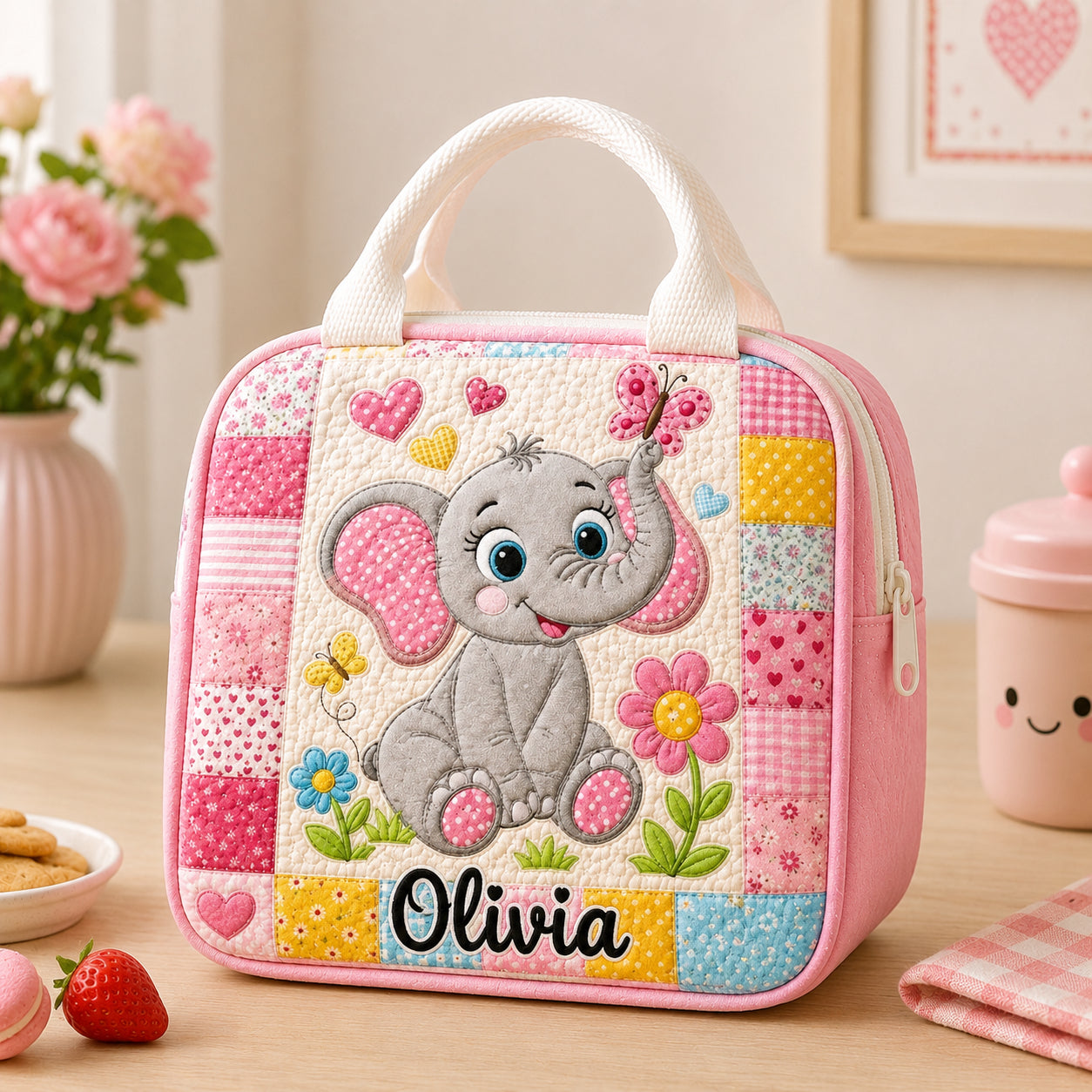 Elephant Quilted Lunch Bag, Insulated Quilted Lunch Tote, Elephant Lunch Bag, Custom Kid Lunch Bag, Back To School Bag, Picnic Bag, Reusable Lunch Tote QLB06