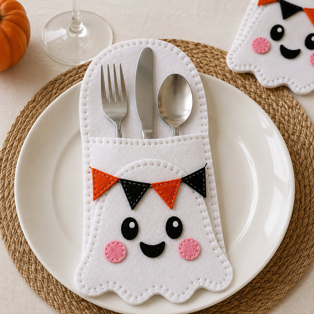 Halloween Boo Felt Cutlery Holder, Handmade Halloween Silverware Holder, Halloween Table Decor, Cutlery Pocket, Holiday Dining Decor FELTCH06