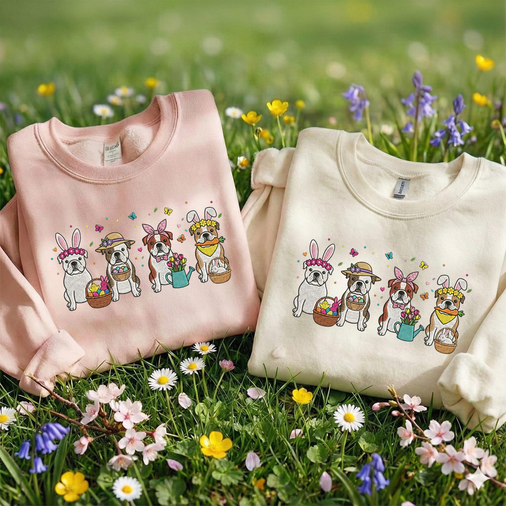Embroidered American Bulldog Sweatshirt, Cute Bunny Ears Dog Crewneck, Spring Easter Puppy Shirt, Floral Bully Mom Gift, Holiday Art