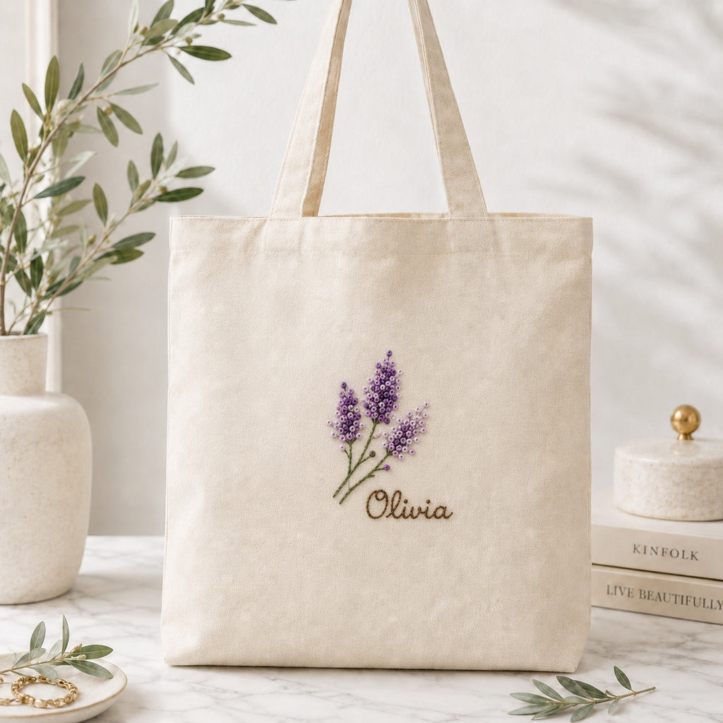 Personalized Hand Embroidered Lavender Canvas Tote Bag, Embroidery Flower Tote Bag, Custom Bag, Aesthetic Bag, Handmade Tote Bag EMT06