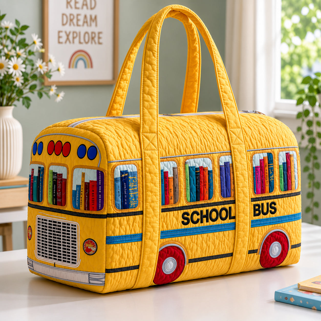Yellow School Bus Quilted Duffle Bag, Quilted Weekender Bag, Teacher Travel Bag, Custom School Bus Travel Bag, Trip Bag QTTVB04