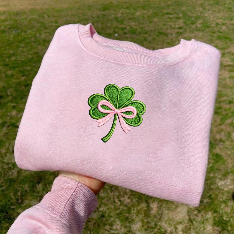 Embroidered St. Patrick’s Day Sweatshirt – Irish Shamrock Bow Embroidery Design, Saint Patrick’s Day Crewneck