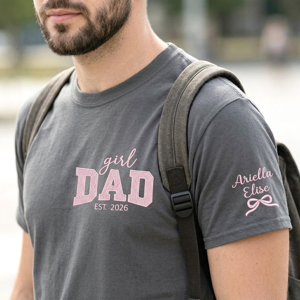 Expecting Girl Dad Shirt, Pregnancy Announcement Shirt for Dad, Embroidered Dad of Girls Shirt with Name, New Dad Gift