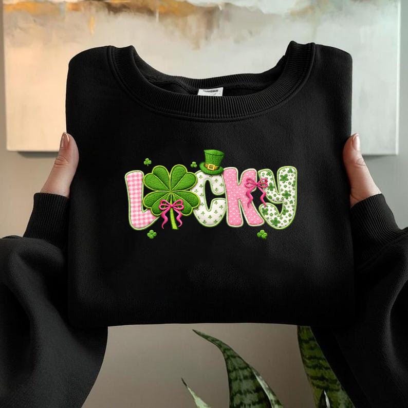 Coquette Lucky Embroidered Sweatshirt, Checkered Shamrock Crewneck, St Patrick’s Day Clover Shirt