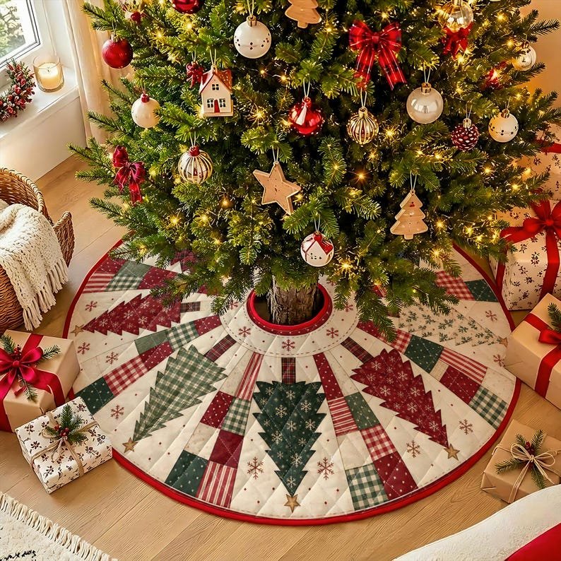 Christmas Tree Pattern Quilted Tree Skirt, Patchwork Xmas Tree Skirt, Holiday Decor, Xmas Tree Base Cover, Custom Tree Skirt XMASTS06