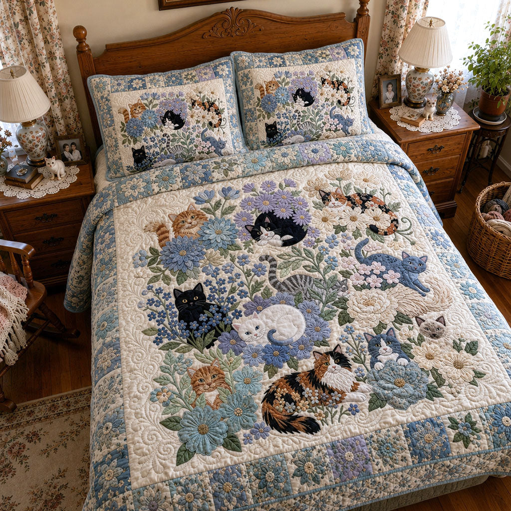 Cat Flower Pattern Blanket, Cat Quilted Bedding Set, Custom Quilt with Pillow Covers, Bedding Decor QBEDSET39