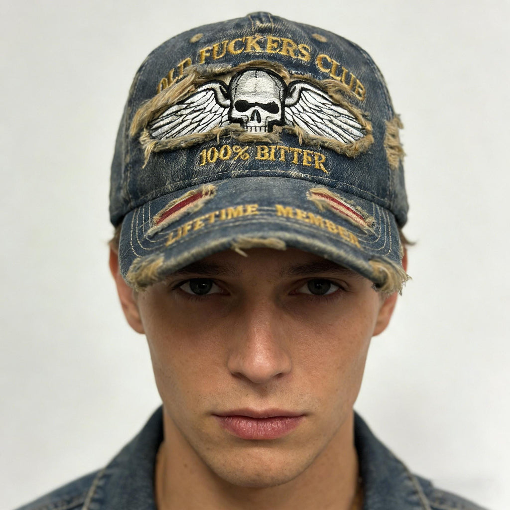 Old Fuckers Club Distressed Denim Cap – Embroidered Skull Adjustable Dad Hat