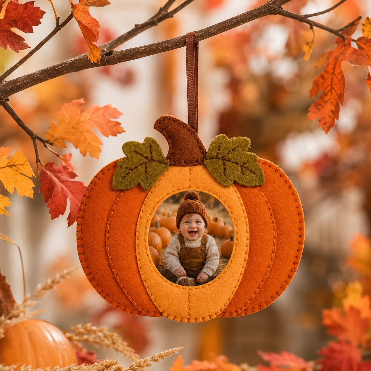Custom Photo Pumpkin Felt Ornament, Ornament With Photo, Personalized Fall Decoration, Handmade Autumn Keepsake, Family Photo Pumpkin Ornament Gift NHFOR09