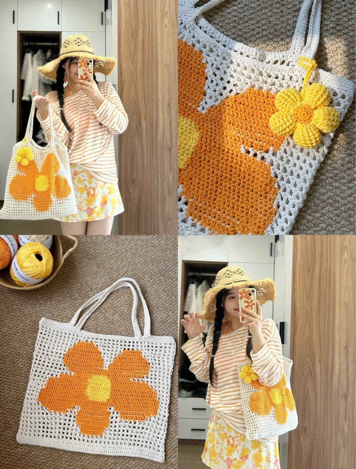 Crochet Flower Tote Bag, Handmade Daisy Mesh Shoulder Bag, Retro Floral Crochet Beach Bag, Boho Summer Market Bag for Women Crochet03