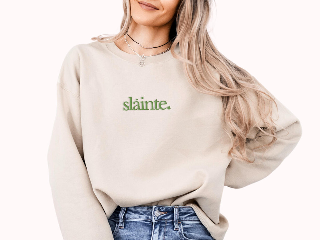 Minimalist Sláinte Embroidered Sweatshirt – St. Patrick’s Day Crewneck, Irish Shamrock Lucky Shirt, Irish Gift