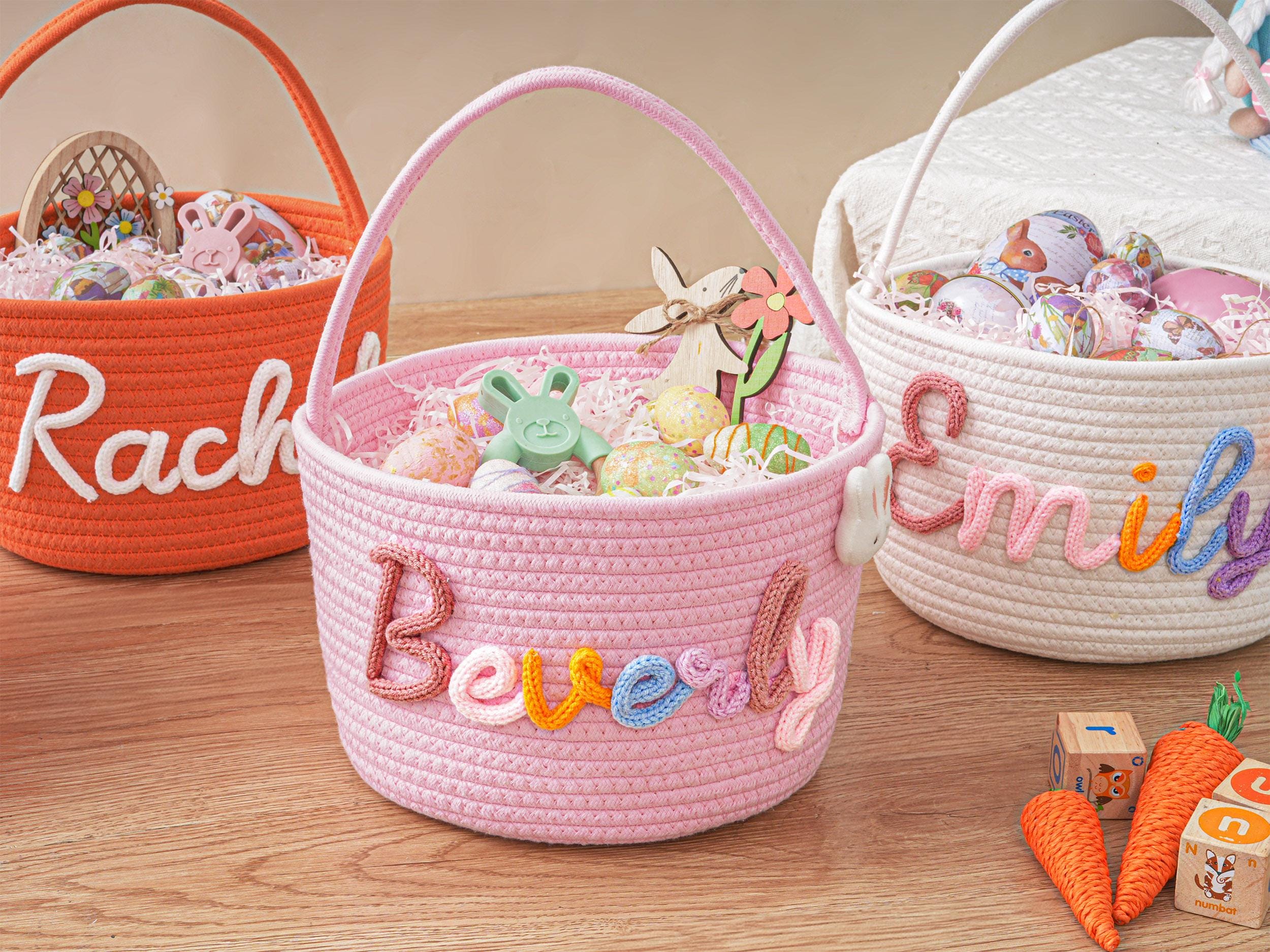 Personalized Easter Basket with Name, Handwoven Rope Basket, Easter Bunny Gift for Kids, Easter Egg Hunt Basket, Baby Shower Gift