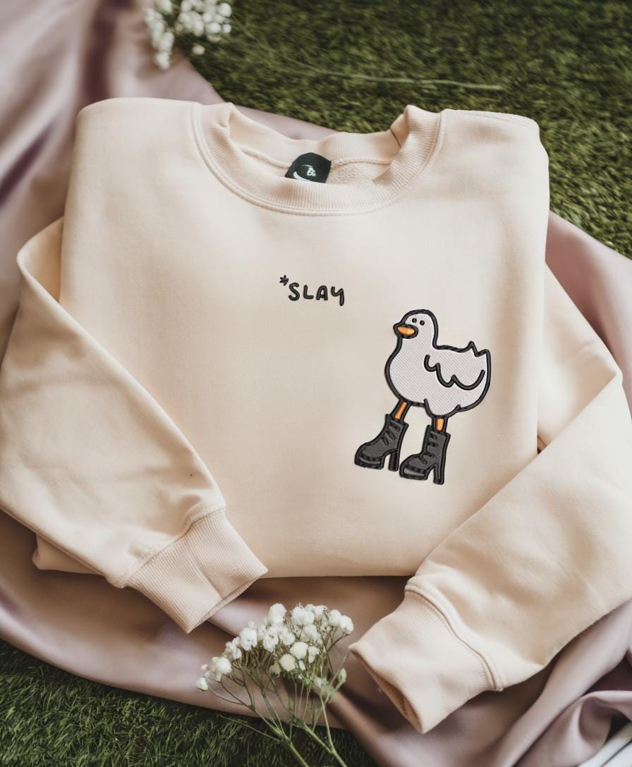 Embroidered Slay Duck Sweatshirt, Funny Duck Crewneck, Cute Monochrome Gift for Her