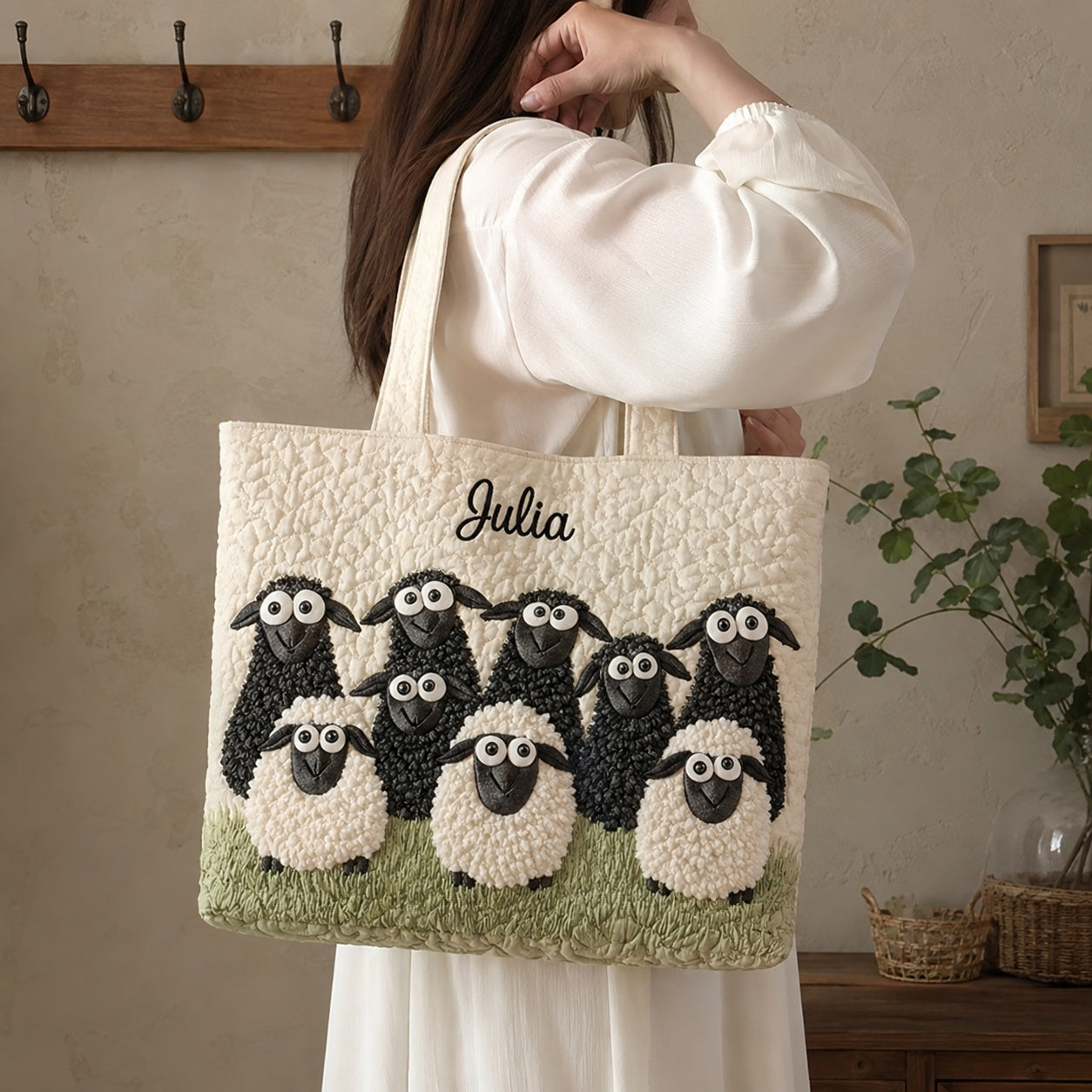 Cute Sheep Quilted Tote Bag, Black And White Sheep Shoulder Bag, Animal Pattern Art Tote, Fabric Tote Bag, Gift Bag QTOTE31