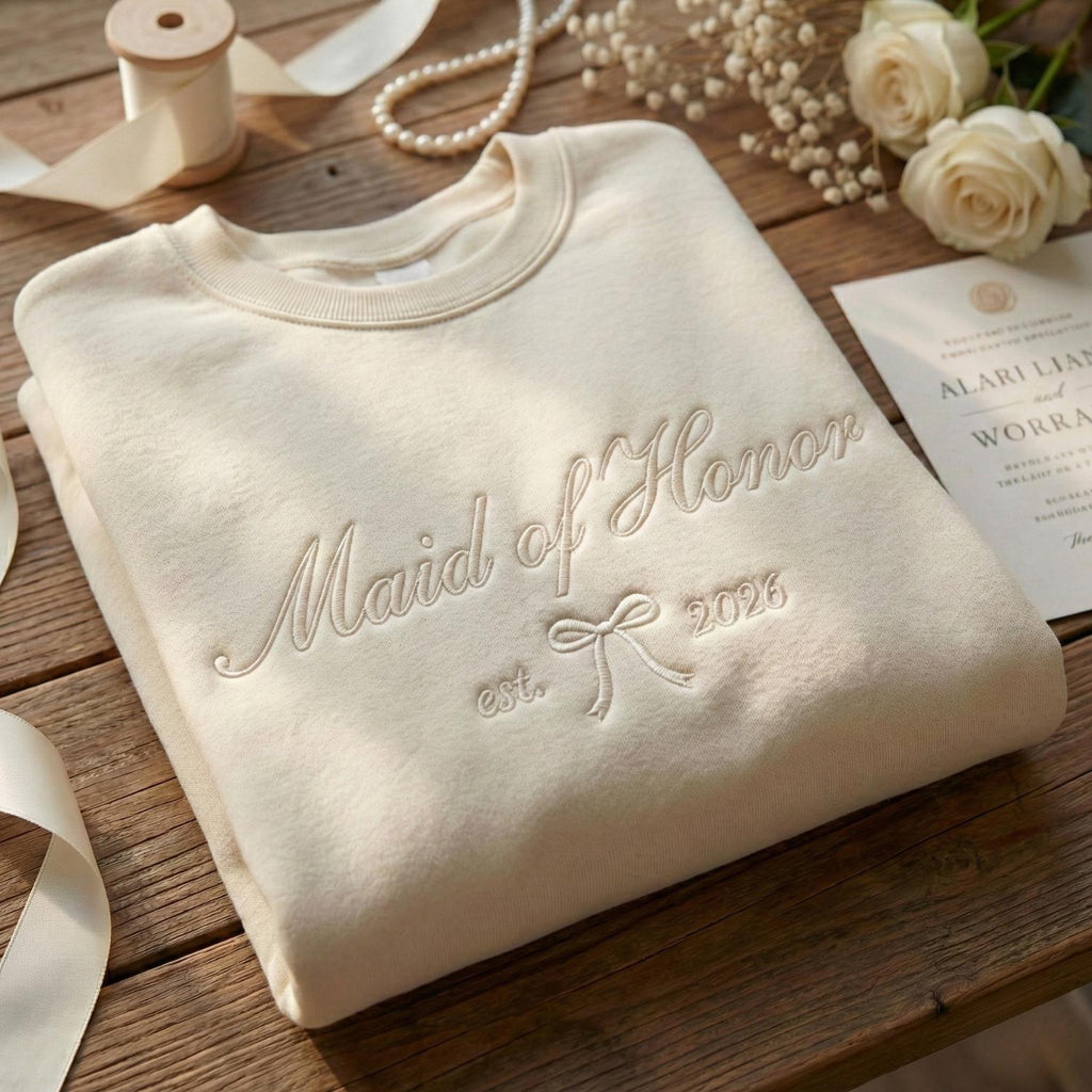 Embroidered Bride, Bridesmaid or Maid of Honor Sweatshirt, Custom Wedding Date, Personalized Bridal Party Gift, Bachelorette Crewneck
