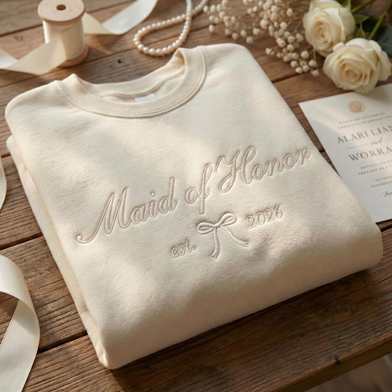 Embroidered Bride, Bridesmaid or Maid of Honor Sweatshirt, Custom Wedding Date, Personalized Bridal Party Gift, Bachelorette Crewneck