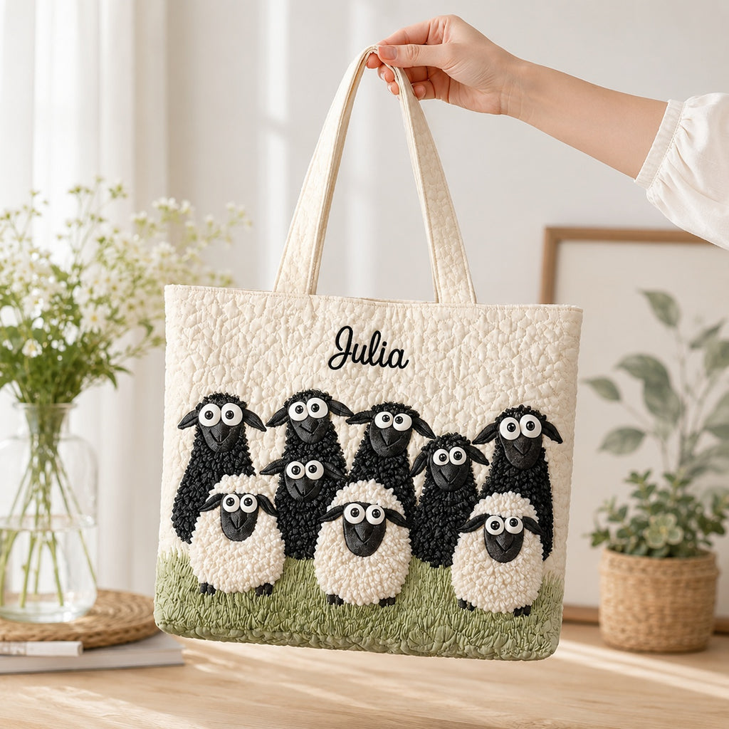 Cute Sheep Quilted Tote Bag, Black And White Sheep Shoulder Bag, Animal Pattern Art Tote, Fabric Tote Bag, Gift Bag QTOTE31
