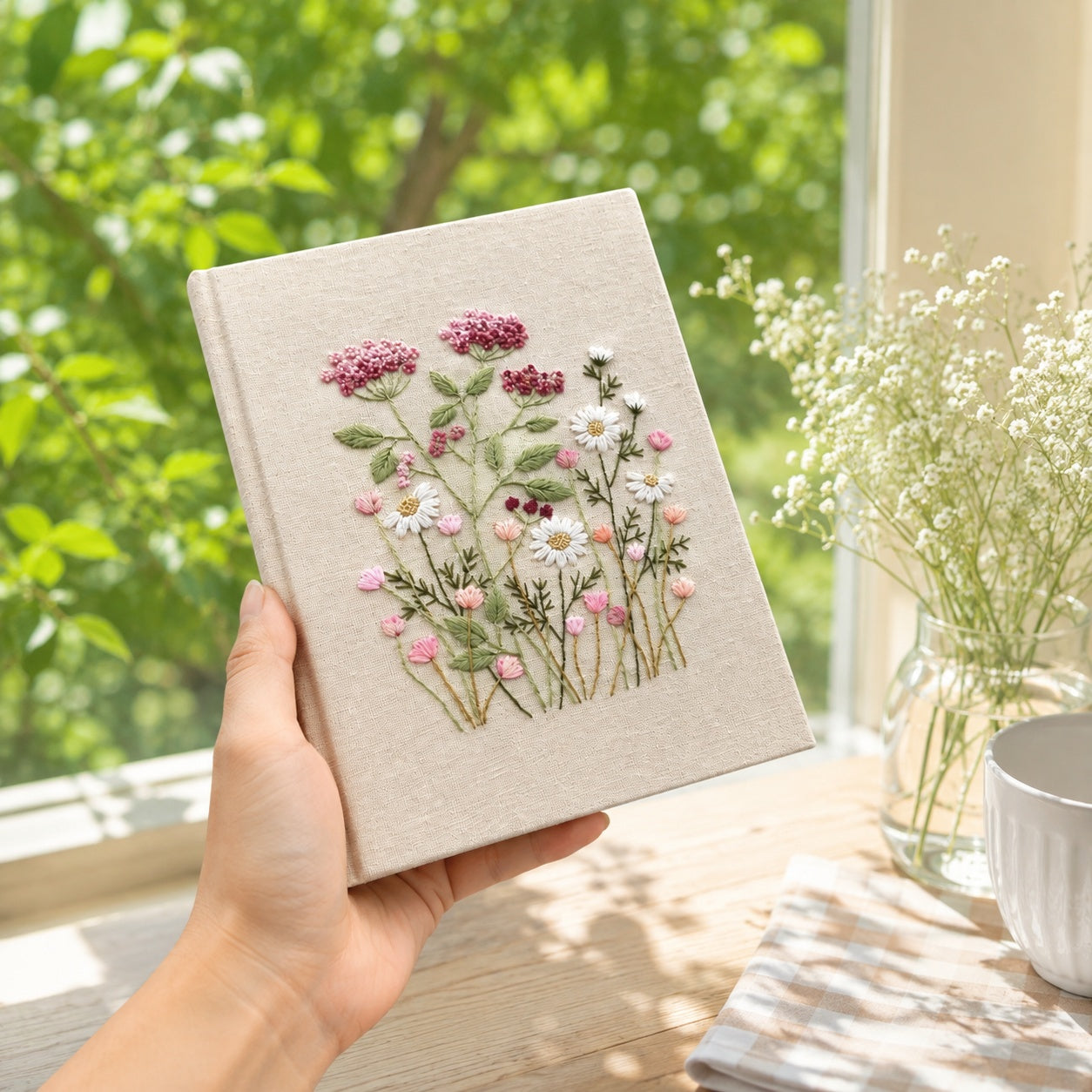 Hand Embroidered Journal Notebook, Personalized Floral Notebook With Name, Linen Fabric Hard Cover Notebook, Special Custom Handmade Gift and Keepsakes ENB01
