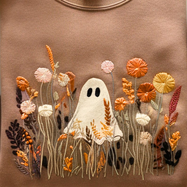 Embroidered Halloween Ghost Shirt, Spooky Wildflower Tee, Unisex Halloween Shirt, Funny Ghost Shirt HLEM06