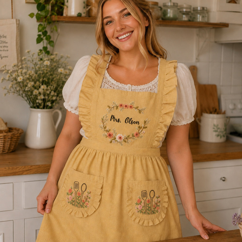 Wild Flowers Hand Embroidered Custom Apron, Ruffled Apron, Embroidered Apron, Linen Apron, Gardening Apron, Kitchen Apron, Mom Gift EMAP03