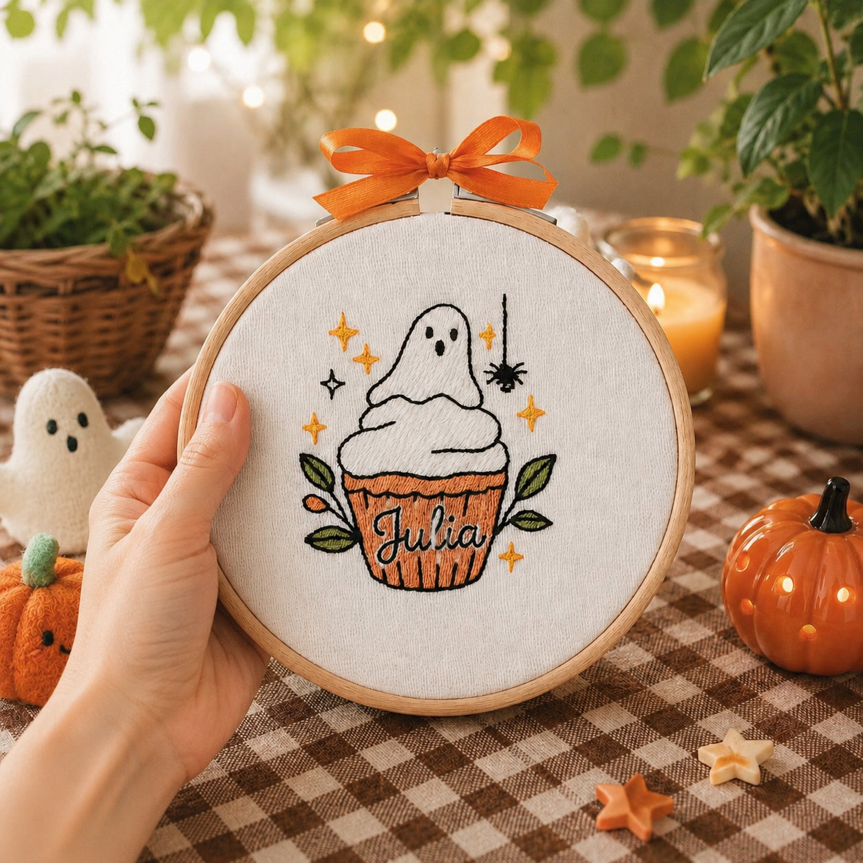 Personalized Halloween Ghost Cupcake Embroidery Hoop, Custom Name Fall Decor, Handmade Spooky Cute Nursery Wall Art, Halloween Embroidered Gift HOOP07
