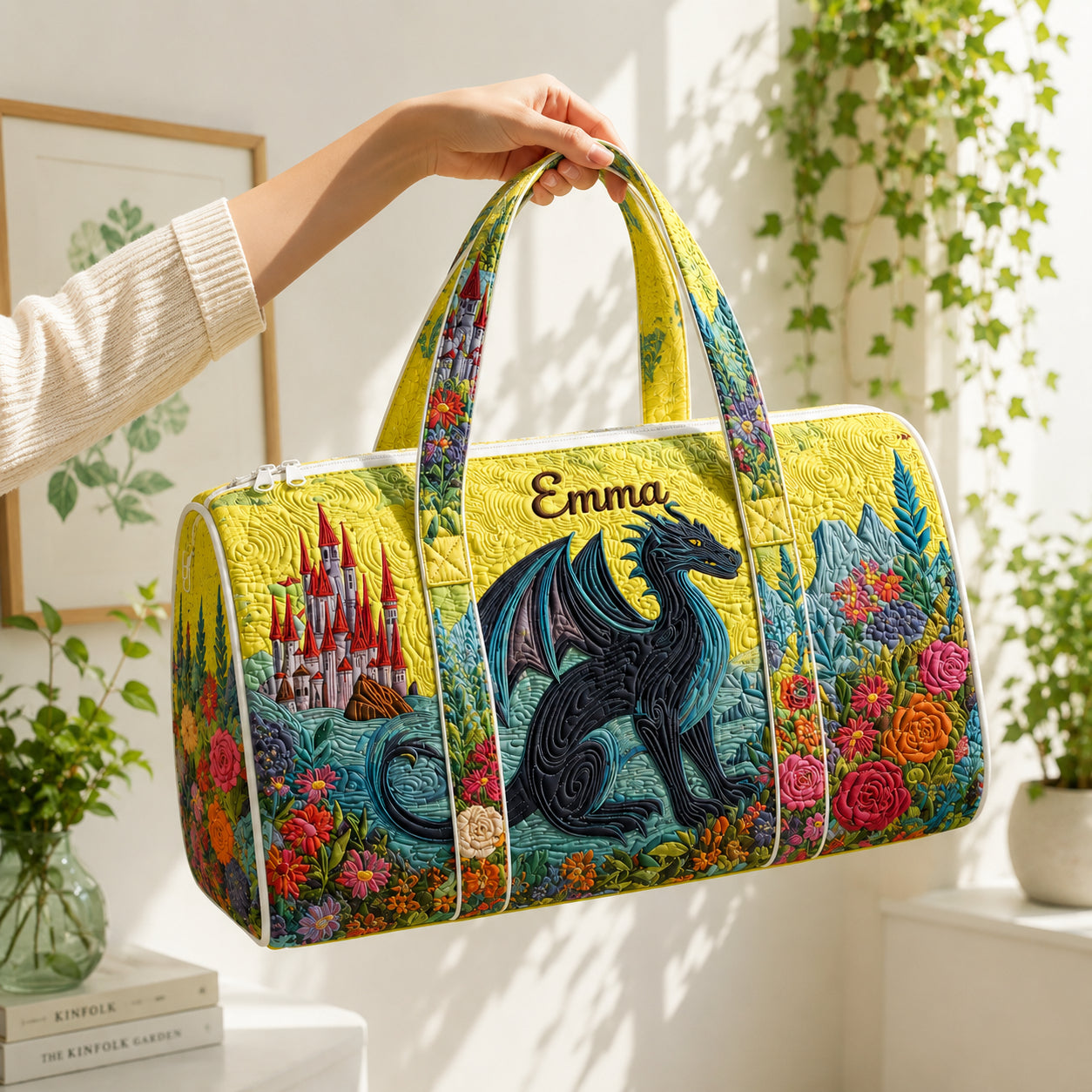 Personalized Fantasy Dragon Quilted Duffle Bag, Custom Dragon Travel Bag with Name, Fabric Weekender Bag DFB28