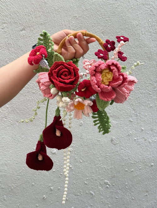 Burgundy Rose and Pink Peony Crochet Wedding Bouquet, Crochet Floral Hoop Bouquet, Handmade Bridal Flowers with Yellow Accents, Everlasting Wedding Bouquet, Bride Keepsake Gift WEDDINGF08