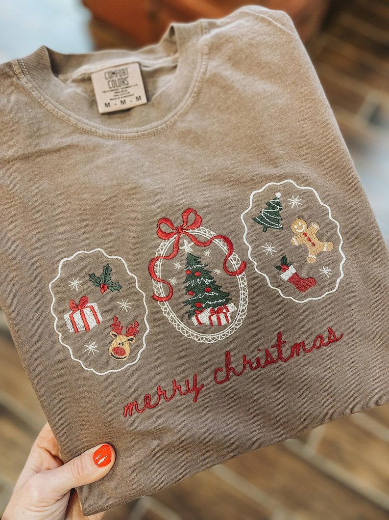 Holiday Christmas Sweatshirt with Embroidered Snowman, Pine Tree & Poinsettia, Winter Crewneck XMASS04