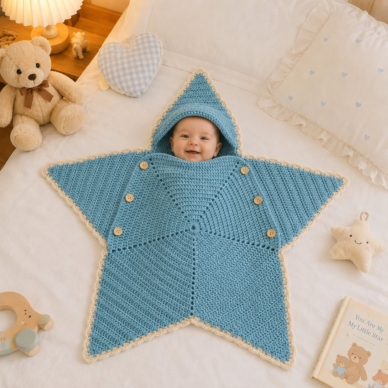 Personalized Star Baby Swaddle, Cute Baby Star Cocoon, Custom Baby Star Romper Sleep Sack, Hooded Newborn Wrap, Handmade Crochet Knit Outfit, Custom Name Baptism Baby Shower Gift BABYSR06