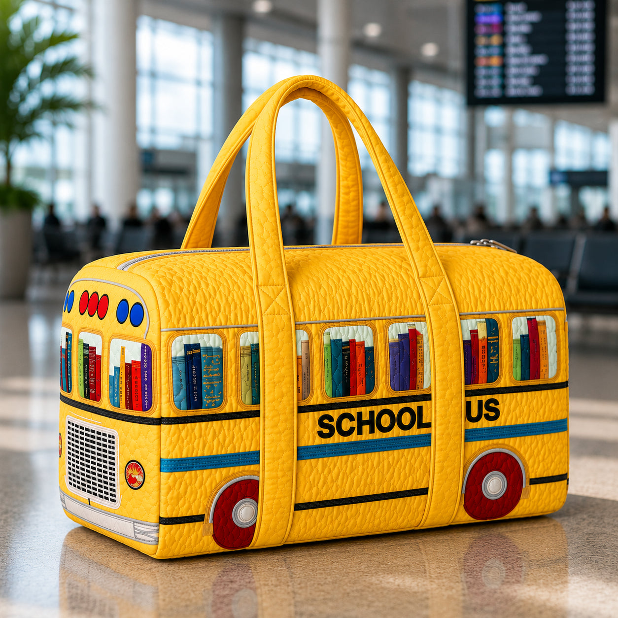 Yellow School Bus Quilted Duffle Bag, Quilted Weekender Bag, Teacher Travel Bag, Custom School Bus Travel Bag, Trip Bag QTTVB04