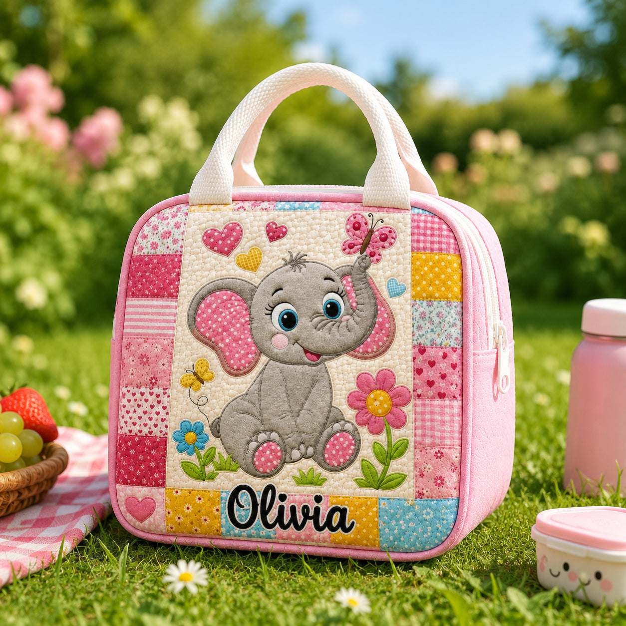 Elephant Quilted Lunch Bag, Insulated Quilted Lunch Tote, Elephant Lunch Bag, Custom Kid Lunch Bag, Back To School Bag, Picnic Bag, Reusable Lunch Tote QLB06