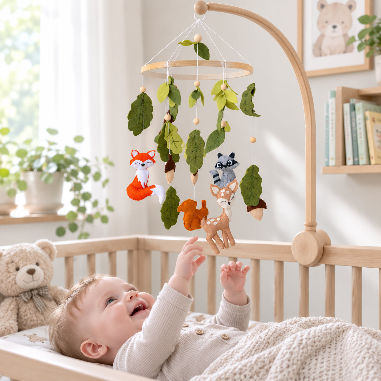 Personalized Woodland Forest Felt Baby Mobile, Handmade Fox, Deer and Raccoon Nursery Crib Mobile, Forest Animals Baby Room Decor, Nursery Hanging Decor BBMB06