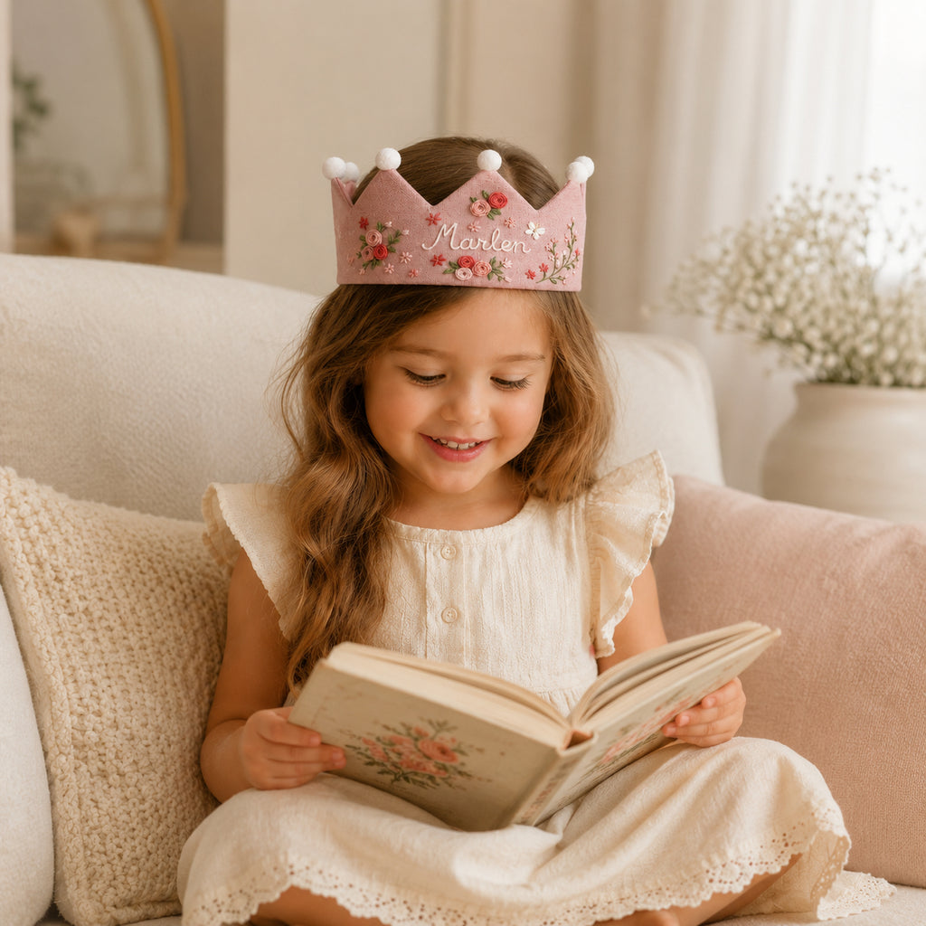 Hand-Embroidered Flower Linen Birthday Crown, Personalized Floral Name Keepsake, Birthday Crown For Kid, Custom Embroidered Crown EMC05