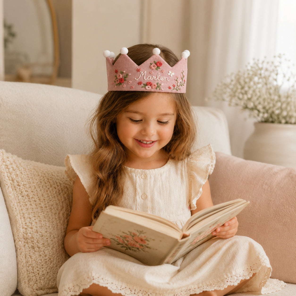 Hand-Embroidered Flower Linen Birthday Crown, Personalized Floral Name Keepsake, Birthday Crown For Kid, Custom Embroidered Crown EMC05