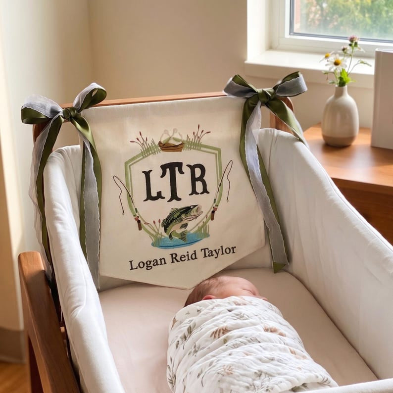 Personalized Fishing Baby Banner, Custom Bass Name Sign, Baby Boy Name Banner, Monogram Hospital Door Hanger, Fishing Baby Shower Gift BBFLAG06