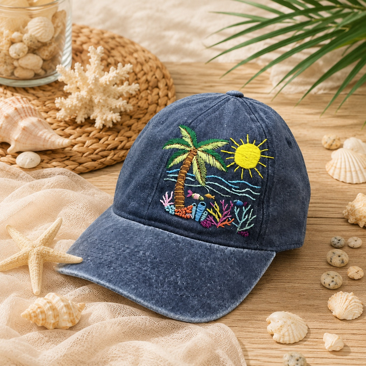 Custom Summer Beach Hand-Embroidered Baseball Cap, Embroidered Cap, Hand Embroidered Cap, Custom Hat Embroidery, Family Hat EMH06