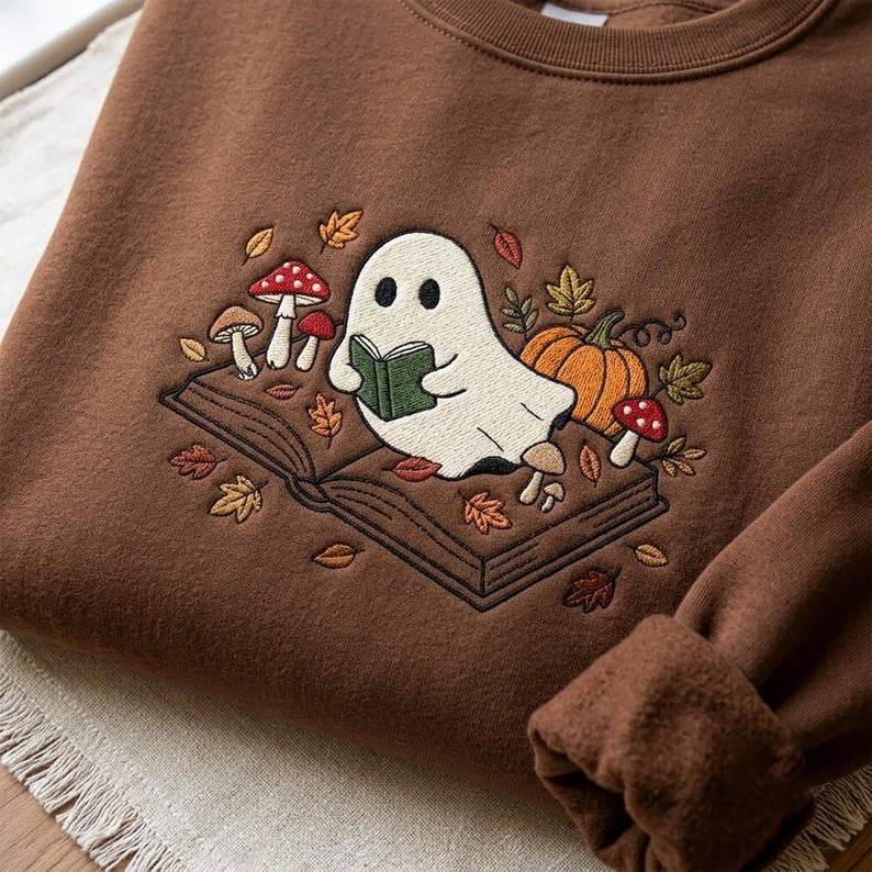 Embroidered Ghost On Book Shirt, Spooky Season Floral Mushroom Tee, Wildflowers Preppy Fall Shirt, Floral Ghost Shirt, Book Lover Gift HLNS06