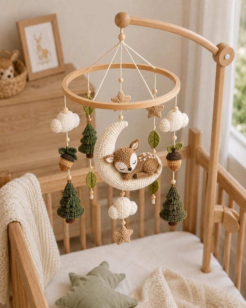 Deer And Moon Baby Crib Mobile, Handmade Crochet Woodland Mobile, Forest Nursery Decor, Deer Baby Mobile, Baby Shower Gift CrochetBBM05