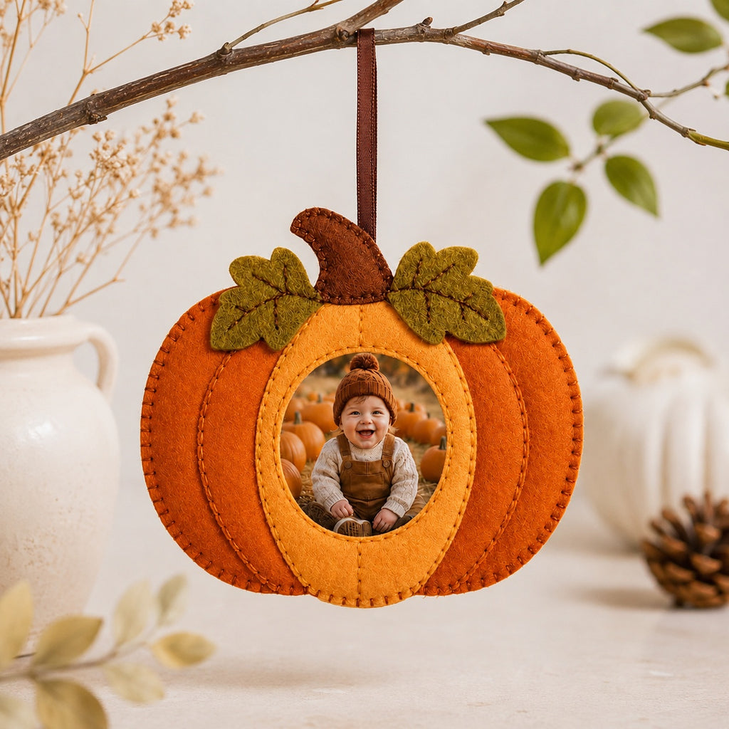 Custom Photo Pumpkin Felt Ornament, Ornament With Photo, Personalized Fall Decoration, Handmade Autumn Keepsake, Family Photo Pumpkin Ornament Gift NHFOR09